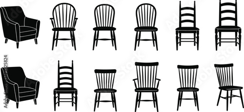 Chair silhouettes, armchair design, Windsor chair, ladder back chair, spindle back chair, wooden furniture, interior design, seating illustration, home decor