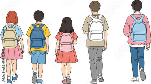 Children walking with backpacks, school kids illustration, student group vector, childhood education, casual clothing, diverse styles, learning concept, back to school