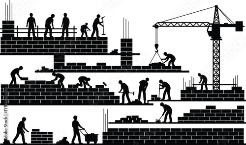 Construction workers silhouettes, building site teamwork, crane lifting materials, bricklaying laborers, scaffolding structure, multi‑level construction process vector illustration