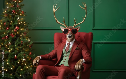 Dapper reindeer in a suit and sunglasses sits in a red chair next to a christmas tree