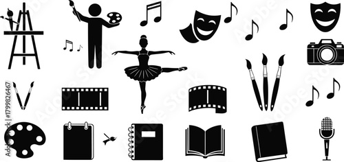 Creative arts icons with painting, music notes, theater masks, dance ballerina, photography camera, film strip, books, microphone, vector illustration design