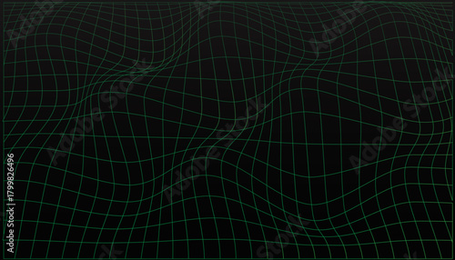 Dark background with a dynamic green neon grid. It forms a flowing, warped wave pattern suggesting a futuristic or virtual reality landscape.