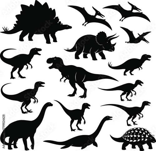 Dinosaur silhouettes, prehistoric vector icons, black graphic reptiles, extinct species illustration, educational design, Jurassic creatures, fossil reference elements