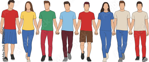 Diverse group of young adults holding hands, unity, friendship, casual fashion, teamwork, inclusion, standing together, equality, lifestyle, support