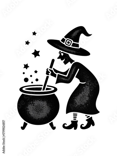 rubber stamp stencil, cute whimsical quirky witch
with witch hat stirring a big cauldron
