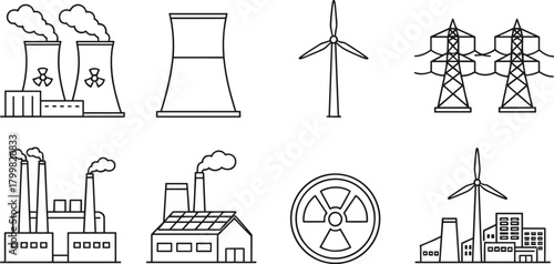Energy production icons, nuclear power plant, wind turbine, solar panels, transmission towers, fossil fuel factory, renewable energy, industrial infrastructure vector illustration,