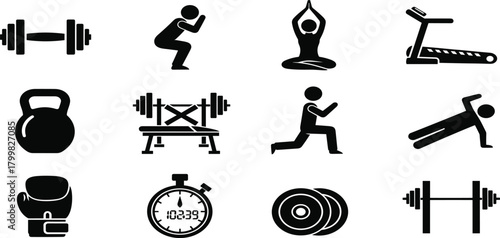 Fitness and gym vector illustration, barbell, squat, yoga pose, treadmill, kettlebell, bench press, lunge, plank, boxing glove, stopwatch