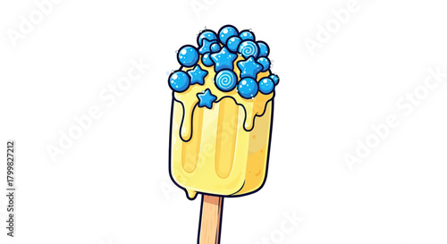 Delicious Yellow Popsicle with Blue Toppings and Star Sprinkles.