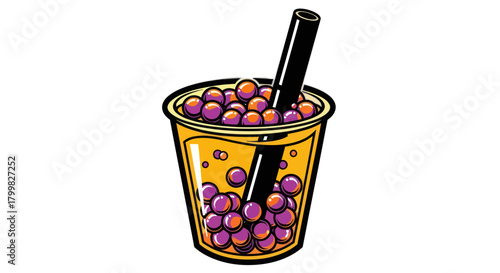 Illustration of Boba Tea with Tapioca Pearls and Straw.