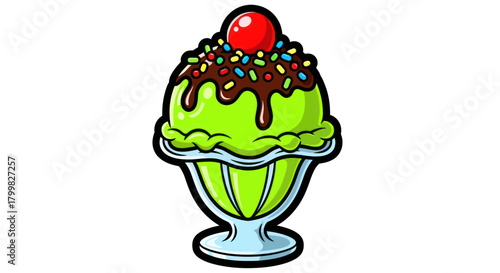 Illustration of a Green Ice Cream Sundae with Cherry and Chocolate.