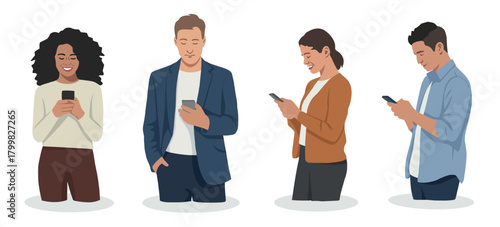 A vector set of people looking at their smartphones.