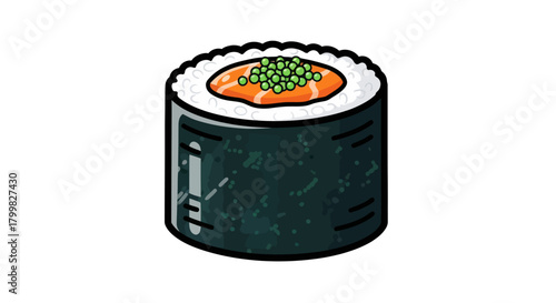 Delicious sushi roll with salmon and green toppings, a culinary delight.