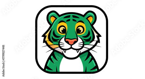 Green tiger cartoon character with a friendly face and stripes.