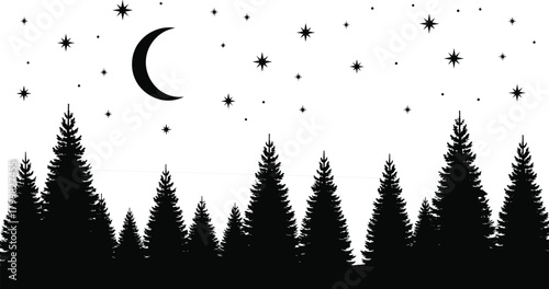 Forest night silhouette, pine tree landscape, crescent moon sky, starry night illustration, nature tranquility design, outdoor scenery concept, peaceful wilderness view