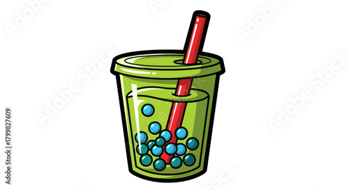 Green Bubble Tea with Blue Tapioca Pearls and Red Straw.