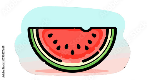 Fresh watermelon slice with black seeds and green rind, summer fruit.