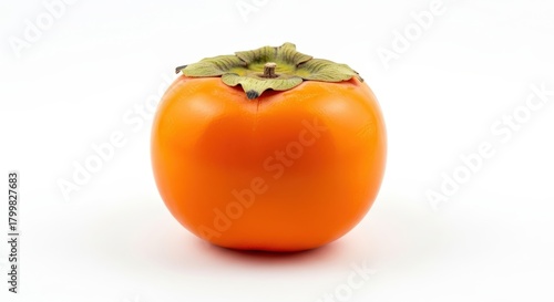 A single ripe orange persimmon fruit with a green calyx on a clean white background, showcasing its smooth skin.
