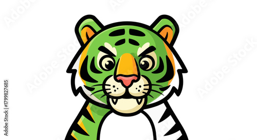 Green tiger illustration with fierce expression and sharp teeth ready to pounce.