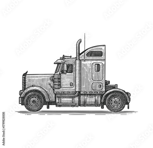 Vintage Engraving of Classic Semi Truck – Retro Woodcut Illustration