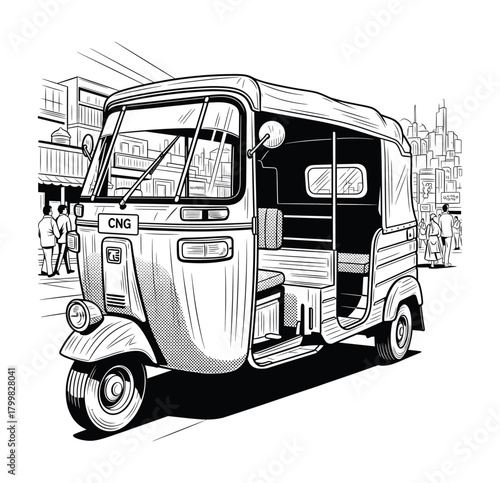 Auto Rickshaw Engraving – Detailed Vintage Tuk-Tuk Woodcut Art