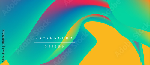 Abstract fluid shapes blend vibrant colors. Smooth gradients create dynamic visual texture. Background design features flowing forms, modern aesthetic.