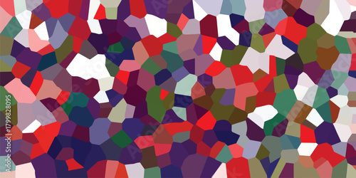 Mosaic of colorful geometric polygons in red, blue, green, and white, forming an abstract textured pattern with a vibrant and fragmented appearance
