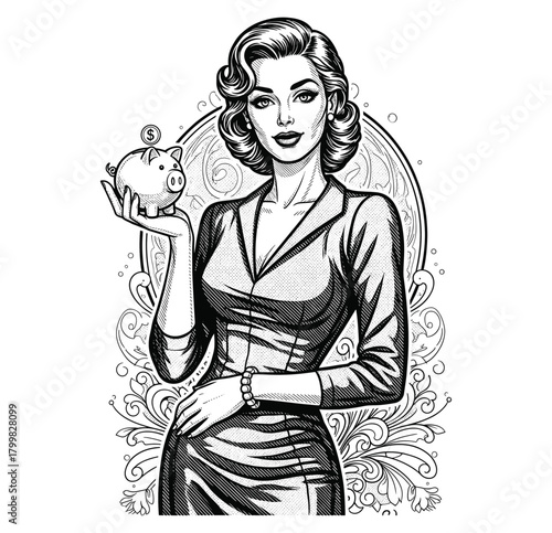 Businesswoman Holding Piggy Bank – Vintage Engraved Illustration
