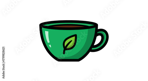 Green tea cup with leaf symbol for healthy beverage.