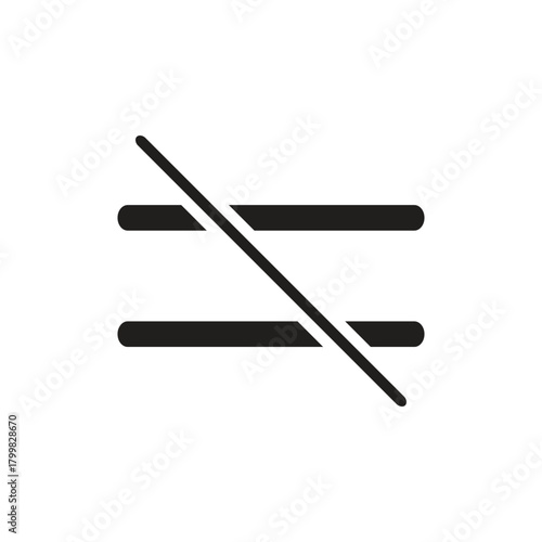 A simple black and white illustration of an inequality symbol with a diagonal line vector icon