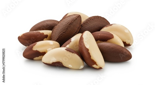 A close-up shot of a small pile of Brazil nuts, some shelled and some unshelled, showcasing their distinct brown and creamy white colors on a clean white background.