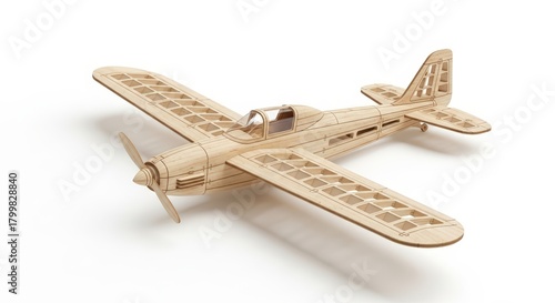 A detailed wooden model airplane with a propeller, viewed from an angle on a white background, showcasing intricate craftsmanship and design.