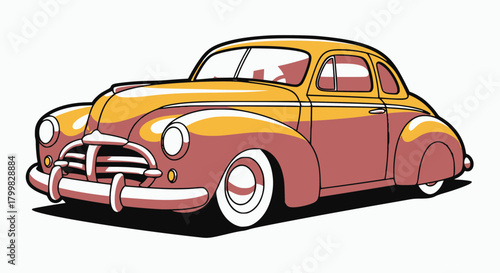 Stylized illustration of a classic two-tone vintage car with whitewall tires and rounded fenders.