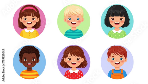 Diverse Multicultural Kids Faces Avatar Set | Happy Cartoon Children Head Portraits Collection | Global Community and Education Vector