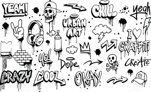 Collection of black and white graffiti art elements featuring skulls headphones and words