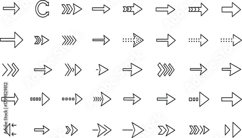 Collection of diverse hand drawn arrow icons and symbols pointing in various directions and styles