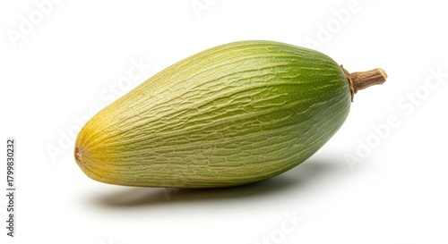 A single green and yellow elongated fruit or seed pod with a ribbed texture on a white background.