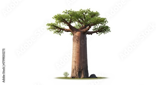 A majestic baobab tree with a massive trunk and green leaves, standing tall against a clean white background.