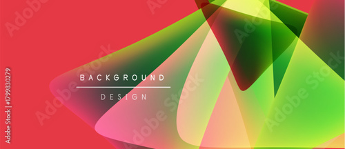 Abstract vibrant design. Overlapping colorful shapes create dynamic visual effect. Red background emphasizes flowing forms, text present.