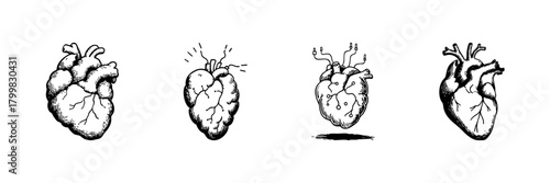 Heart Evolution Doodle Sketch Set. Biological And Technological Heart Transformation In Hand Drawn Style Collection. Anatomy And Innovation Concept. Isolated Vector Illustration