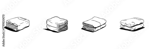 Folded Towels Doodle Sketch Set. Home Organization And Cleanliness In Hand Drawn Style Collection. Neat And Tidy Linen Arrangement. Hand Drawn Isolated Vector Illustration