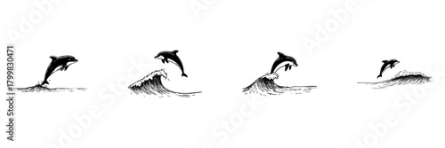 Dolphin Jumping Over Waves Doodle Sketch Set. Marine Life And Oceanic Playfulness In Hand Drawn Style Collection. Aquatic Freedom And Joy. Hand Drawn Isolated Vector Illustration