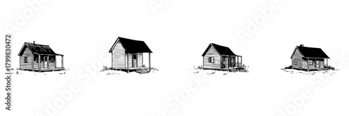 Rustic Cabin Doodle Sketch Set. Traditional Wooden Houses And Rural Architecture In Hand Drawn Style Collection. Countryside Living And Simplicity. Isolated Vector Illustration