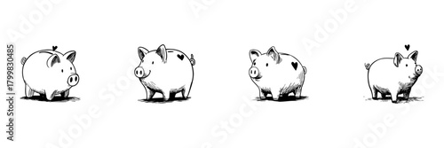Piggy Bank With Heart Doodle Sketch Set. Savings, Financial Planning, And Investment Symbolism In Hand Drawn Style Collection. Cute And Whimsical Design. Isolated Vector Illustration