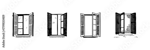 Open Windows Doodle Sketch Set. Fresh Air, Ventilation, And Scenic Views In Hand Drawn Style Collection. Home Decor And Architecture Elements. Hand Drawn Isolated Vector Illustration