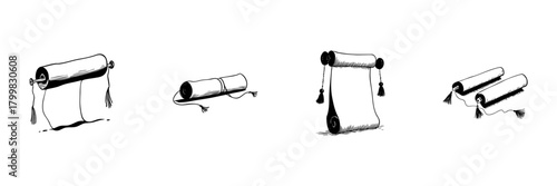 Ancient Scrolls Doodle Sketch Set. Historical Document, Knowledge Preservation, And Cultural Heritage In Hand Drawn Style Collection. Vintage Manuscript Illustration. Isolated Vector Illustration