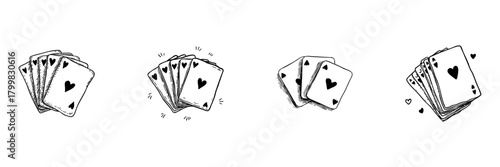 Playing Cards Doodle Sketch Set. Poker, Gambling, And Card Game Symbols In Hand Drawn Style Collection. Vintage Casino And Entertainment Theme. Isolated Vector Illustration
