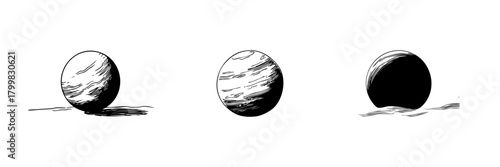 Planets Or Celestial Bodies In Hand Drawn Style Collection. Cosmic And Astronomical Spherical Objects With Textured Surface Doodle Sketch Set. Isolated Vector Illustration