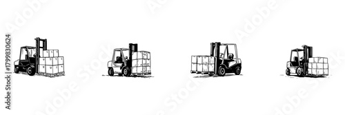 Forklift With Cargo Doodle Sketch Set. Warehouse Logistics, Material Handling, And Industrial Transportation In Hand Drawn Style. Efficient Supply Chain Management. Isolated Vector Illustration