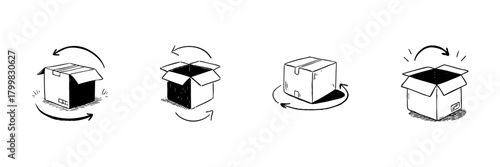 Cardboard Box Transformation Doodle Sketch Set. Packaging, Shipping, And Unboxing Process In Hand Drawn Style Collection. Logistics And Delivery Concept. Hand Drawn Isolated Vector Illustration