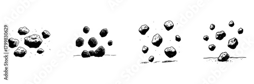 Floating Rocks Doodle Sketch Set. Levitation And Gravity Defiance In Hand Drawn Style Collection. Surreal And Mystical Elements. Isolated Vector Illustration
